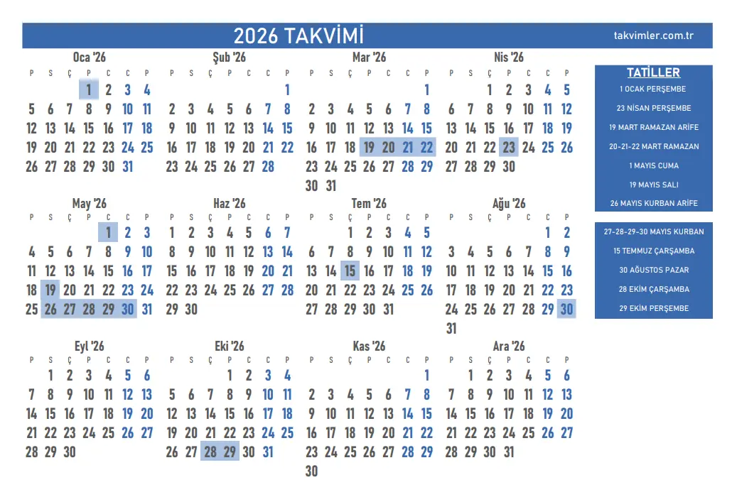 2026 Türkiye Yılı Takvimi – Resmi Tatiller ve Bayramlar